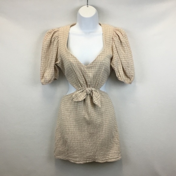 Zara Bow Front Cut Out Puff Sleeve Dress Tan - Picture 9 of 9